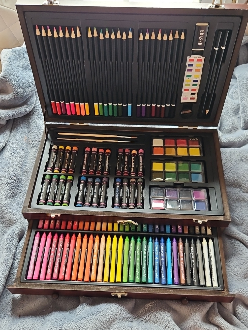 Wooden Art Supply Kit with Colored Pencils, Crayons & Watercolors